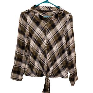 zara women small olive plaid tie front long sleeve top sz Medium